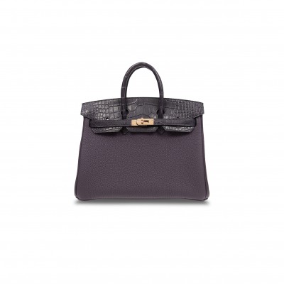 HERMÈS MASTER BIRKIN 25 CROCODILE AND TOGO LEATHER GRAPE PURPLE GOLD BUCKLE H076216CK19 (25*20*13cm)
